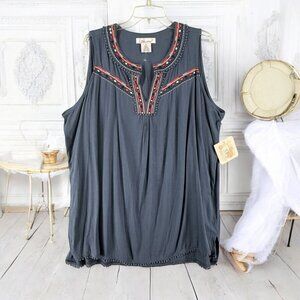 Lark+Grey Womens 1X Aztex Boho Embroidered Tunic Top Blue Pom-Pom Trim Sleeveles
